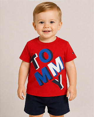 Camiseta Baby Tommy Hilfiger Infantil Estampada Logo Bordado Original - Vermelha/ Logo