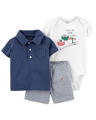 Conjunto Carter’s 3 Peças – Polo Azul + Body Sushi + Short Listrado