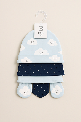 Kit 6 peças Sterling baby - 3 toucas e 3 pares de luvas, em, algodão  - Céu