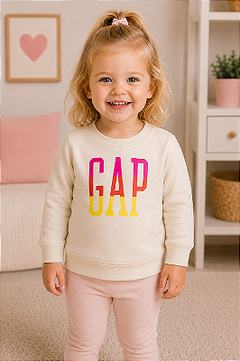 Agasalho Infantil GAP de Moletom Flanelado com Gola Redonda e Logo Colorido - Creme