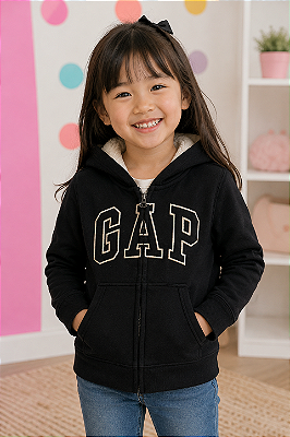 Agasalho Infantil GAP de Moletom Peluciado com Capuz, Zíper e Bolso Canguru - Logo Dourado