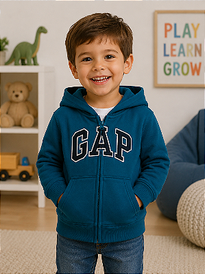 Agasalho Infantil GAP de Moletom Flanelado com Capuz, Zíper Frontal e Bolso Canguru - Azul