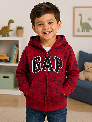 Agasalho Infantil GAP de Moletom Flanelado com Capuz, Zíper Frontal e Bolso Canguru - Dinossauro