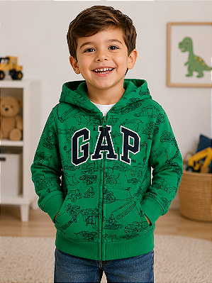 Agasalho Infantil GAP de Moletom Flanelado com Capuz, Zíper Frontal e Bolso Canguru - Construção