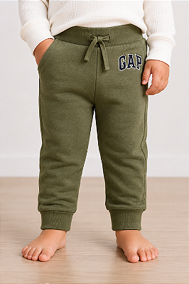 Calça de Moletom Infantil GAP Flanelada com Cós Ajustável e Punho Canelado - Verde Musgo