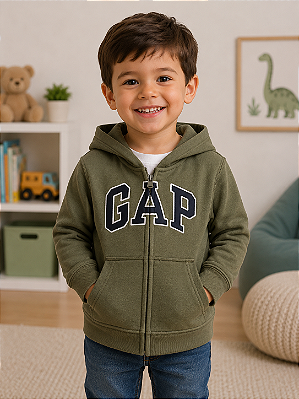 Agasalho Infantil GAP de Moletom Flanelado com Capuz, Zíper Frontal e Bolso Canguru - Verde Musgo