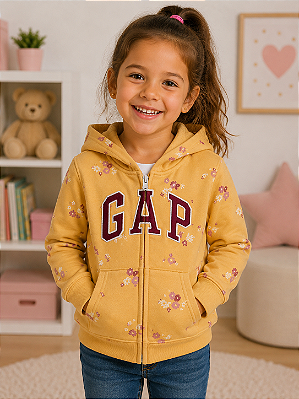 Agasalho Infantil GAP de Moletom Flanelado com Capuz, Zíper Frontal e Bolso Canguru - Primavera
