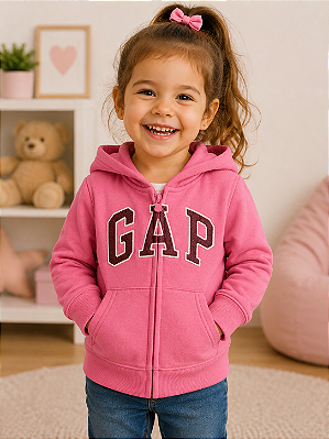 Agasalho Infantil GAP de Moletom Flanelado com Capuz, Zíper Frontal e Bolso Canguru - Rosa