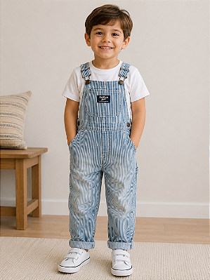 Jardineira OshKosh Infantil Menino Original Jeans Listrada Clássica