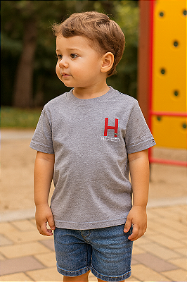 Camiseta Tommy, manga curta, em algodão - Cinza