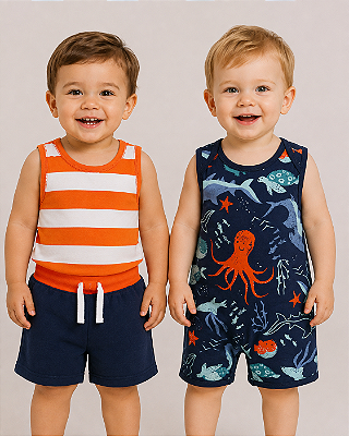 Conjunto Carter's - Body, short e romper - Fundo do mar