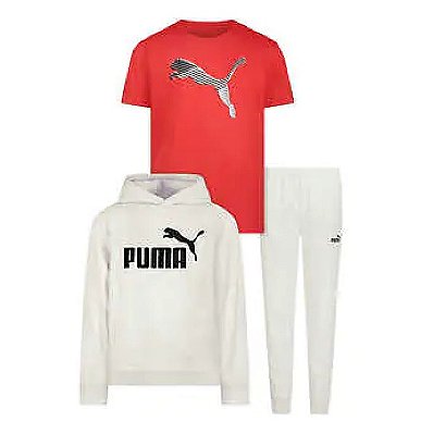 Conjunto Moletom e Camiseta Puma - Cinza/ Preto/ Vermelho