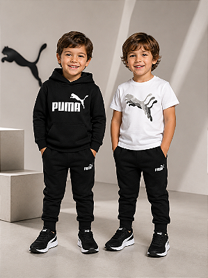 Conjunto Moletom e Camiseta Puma - Preto/ Branco/ Prata