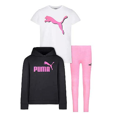 Conjunto Puma - Moletom, calça legging e Camiseta - Preto/ Rosa/ Branco
