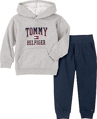 Conjunto Tommy Hilfiger - Casaco com capuz e calça - Cinza e azul/ Logo