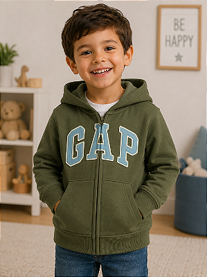 Agasalho Infantil GAP de Moletom Flanelado com Capuz, Zíper Frontal e Bolso Canguru - Verde