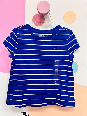 Camiseta Clássica Tommy Hilfiger, manga curta, em algodão - Listrada/ Azul e Branco