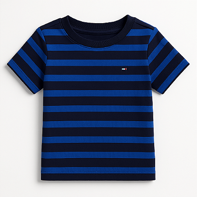 Camiseta Tommy, manga curta, em algodão - Listrada/Azul