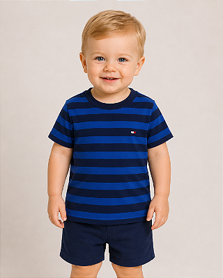 Camiseta Baby Tommy Hilfiger Infantil Estampada Logo Bordado Original - Azul