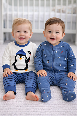 Pijama Bebê 3 Peças Pekkle Algodão Macacão e Conjunto / Pinguim