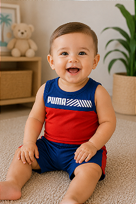 Conjunto Puma - camiseta e short esportivo - Azul, Vermelho e Branco