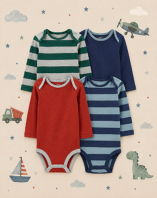 Kit de bodies Carter's - 4 bodies manga longa - Liso/ Listrado