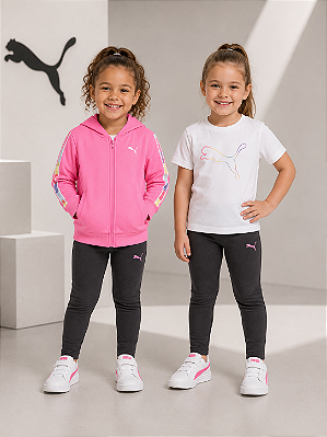 Conjunto Puma - Agasalho esportivo, calça legging e Camiseta - Preto/ Rosa Neon/ Branco
