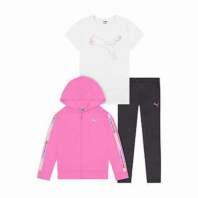 Conjunto Puma - Agasalho esportivo, calça legging e Camiseta - Preto/ Rosa Neon/ Branco