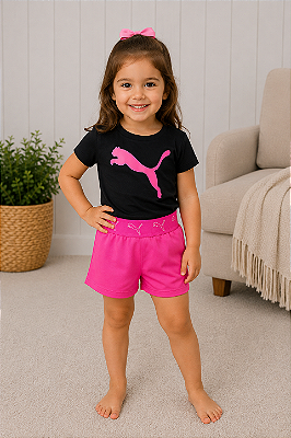 Conjunto Puma - Camiseta e short esportivo (Rosa/Preto)