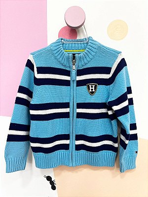 Suéter, de tricô, Tommy Hilfiger, com gola e zíper - Azul e listras