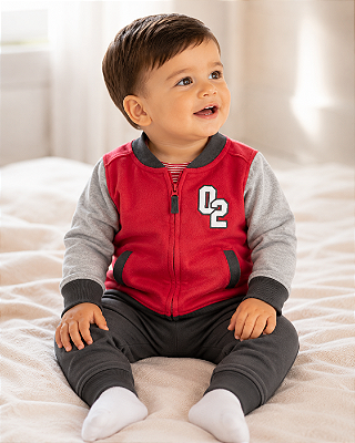 Conjunto Carter's de inverno - Agasalho, body e jogger - Vermelho/Cinza