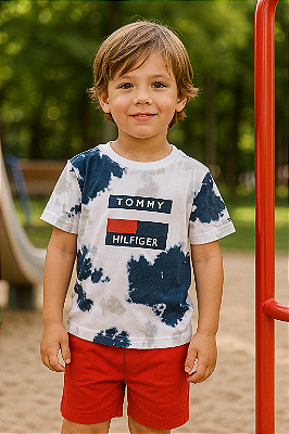 Conjunto Infantil Tommy Hilfiger Camiseta Tie-Dye + Shorts Vermelho – Original