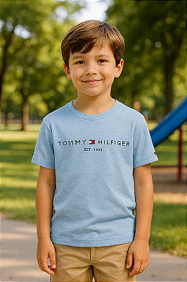 Camiseta Infantil Tommy Hilfiger em Algodão – Azul Hilfiger Logo