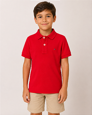 Polo clássica, TOMMY HILFIGER, manga curta - Vermelho