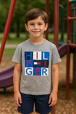 Camiseta Tommy, gola redonda, básica - Cinza/ Logo quadrado