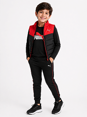 Conjunto Puma - Colete, camisa de manga longa e calça de moletom (Preto/Vermelho)