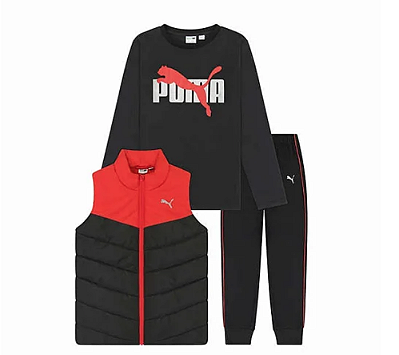 Conjunto Puma - Colete, camisa de manga longa e calça de moletom (Preto/Vermelho)