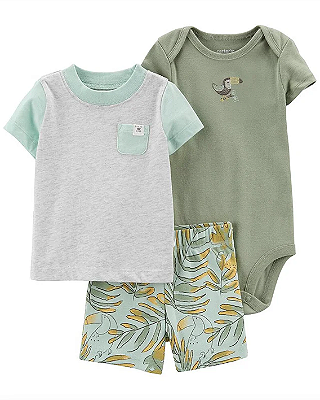 Conjunto Carter's - Camisa, body e short - Tucano/ Folhagem