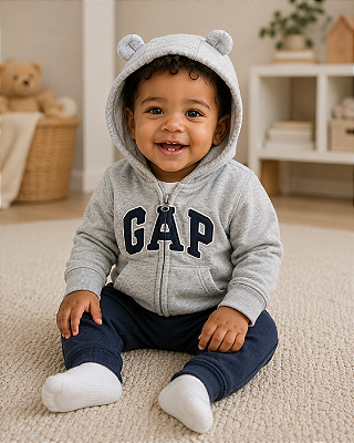 Casaco de Moletom Infantil GAP com Capuz de Orelhinhas, Zíper e Bolso Canguru - Cinza