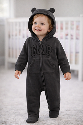 Macacão de inverno GAP Flanelado, com capuz e orelhas de ursinho - Grafite