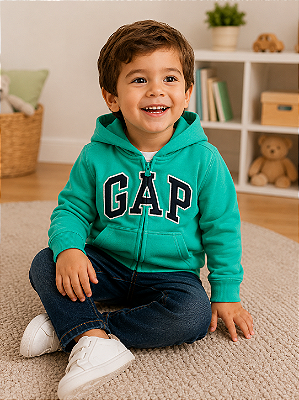 Casaco de Moletom Infantil GAP com Capuz, Zíper Frontal e Bolso Canguru - Verde