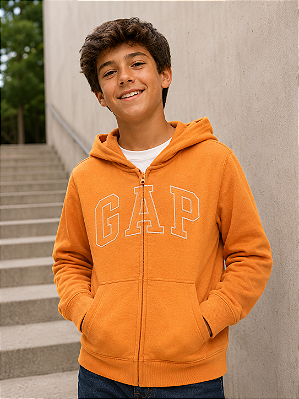 Casaco de Moletom Infantil GAP com Capuz, Zíper Frontal e Bolso Canguru - Laranja