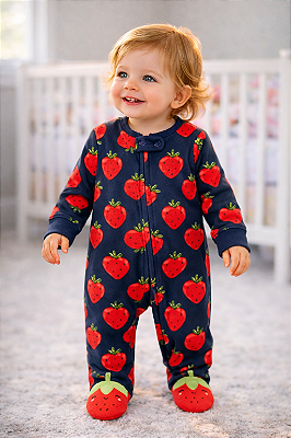 Pijama/Macacão de inverno Carter's (Plush/ Fleece) - Morangos/ Azul