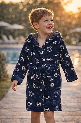 Roupão Quentinho e Macio Infantil, Com Capuz Peluciado, Pekkle - Azul Marinho
