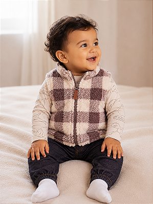 Conjunto Carter's - Colete, body e calça - Xadrez/ Bege