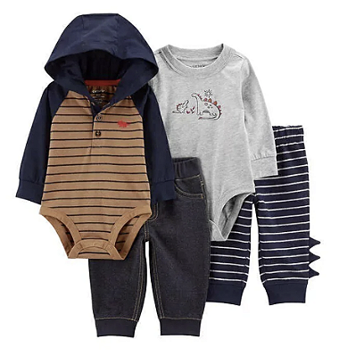 Conjunto Carter's - 2 Bodies de manga longa e 2 calça de algodão - Dinossauro/ Azul Marinho