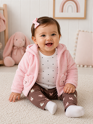 Conjunto Carter's de inverno - Agasalho, body e legging - Rosa/ Ursinho