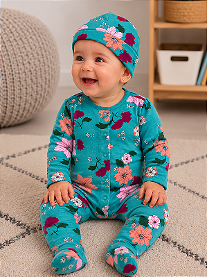 Conjunto Carter's - Macacão e touca - Floral/ Turquesa