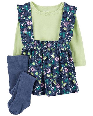 Conjunto Carter's - Salopete, camiseta e meia-calça - Verde/ Floral