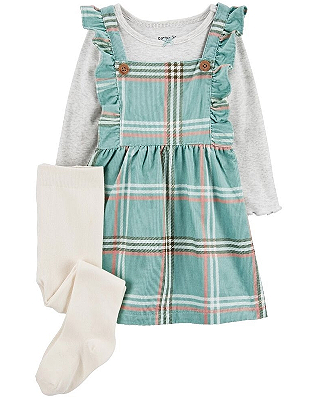Conjunto Carter's - Salopete, camiseta e meia-calça - Verde/ Xadrez